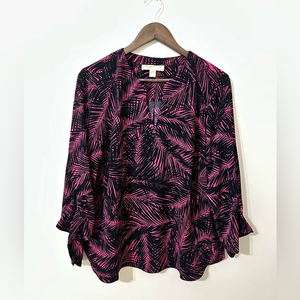 Michael Kors Red and Black Graphic Blouse with Mandarin Collar